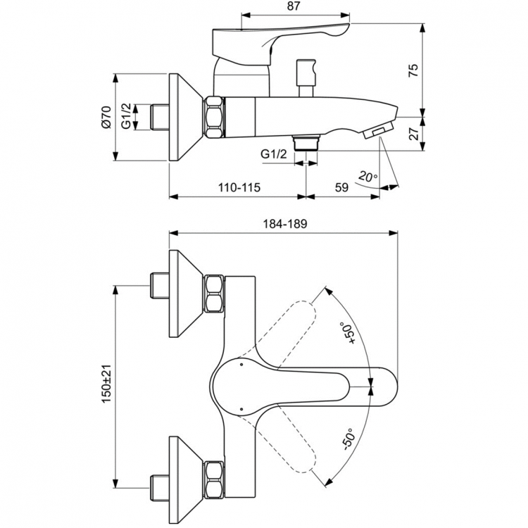 BC326AA Настенный смеситель для ванны/душа Ideal Standard DOT 2.0 - Вид №1