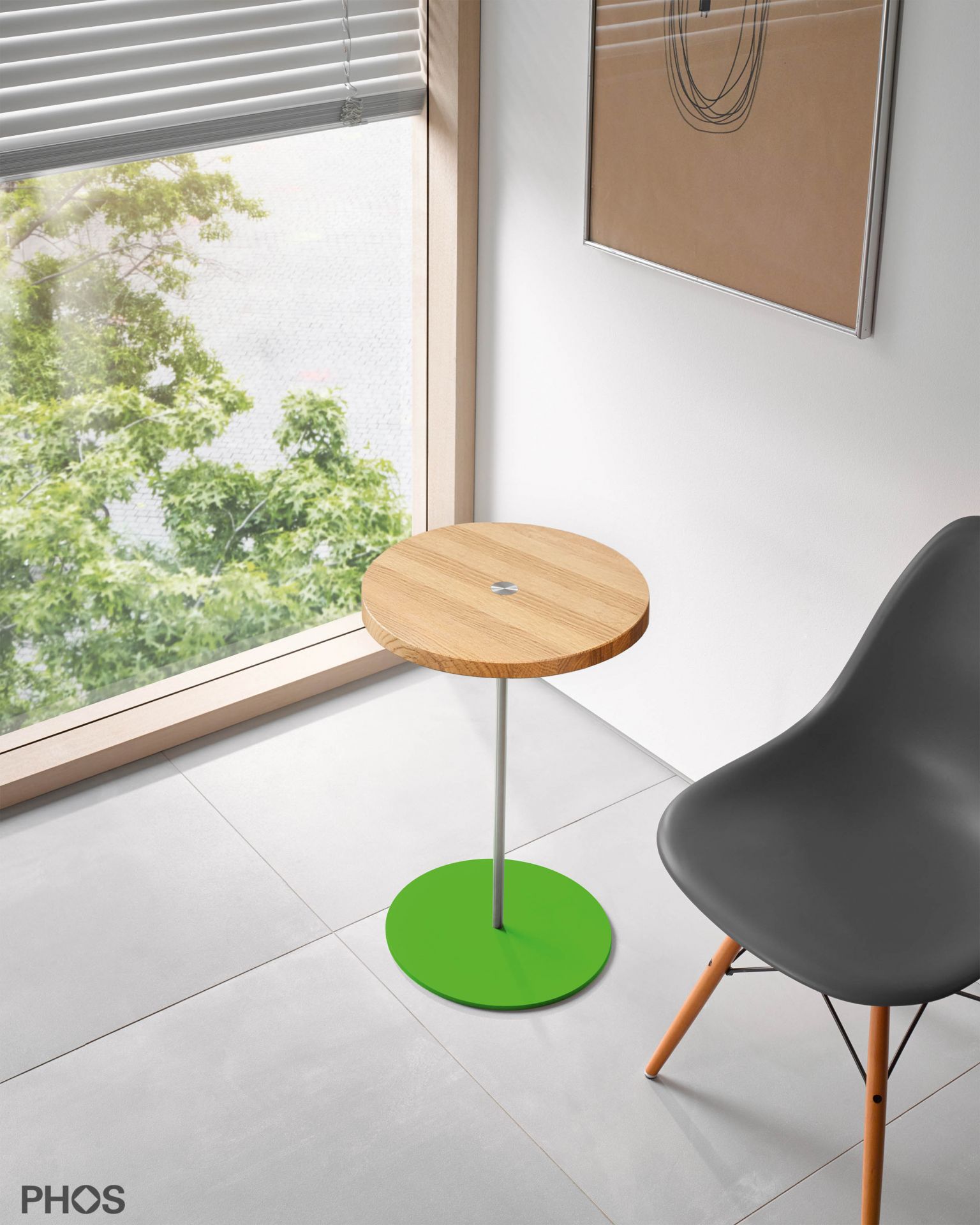 BT600-Eiche-BPGr Приставной столик, высота 60 см, столешница из дуба, основание зеленое PHOS  - Вид №1