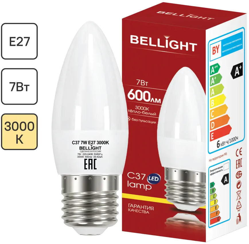 BELLIGHT Светодиодная лампа E27 свеча 7Вт теплый свет 86170860