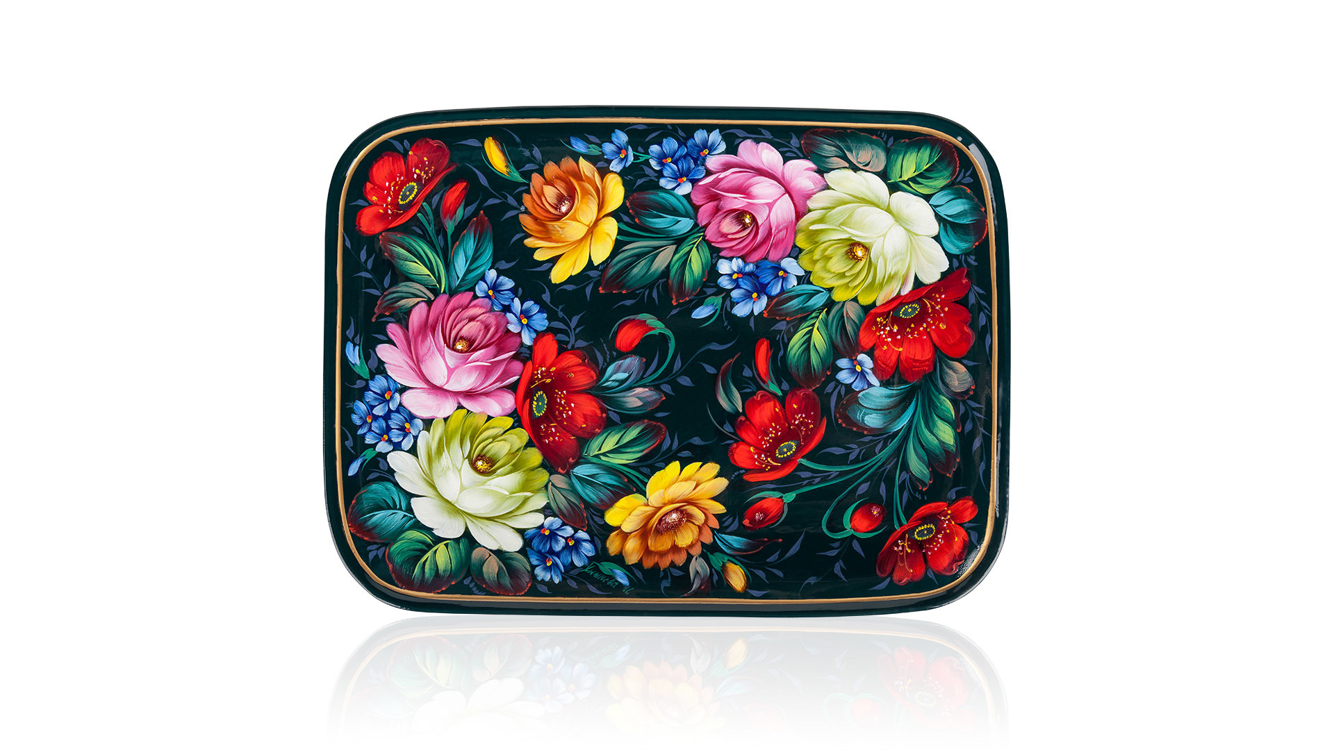 10620671 Жостовская фабрика декоративной росписи Набор из 2 подстаканников в шкатулке с подносом 21х18см У-349 (худ.роспись) Латунь  - Вид №2