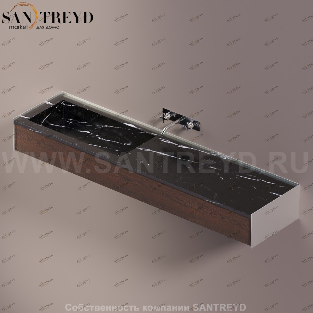 Agape DR Раковина столешница 200 см, с 2-мя выдвижными ящиками. Отделка: хромированный сатин, черный мрамор и коричневый дуб ADRP20SSPNMRU