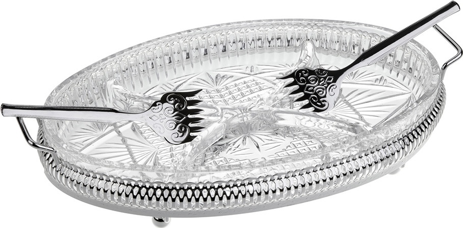 10611740 Queen Anne Менажница 4 секции с 2 вилками Queen Anne, 30см, 4 предмета, сталь, стекло, посеребрение Сталь нержавеющая с посеребрением, стекло 