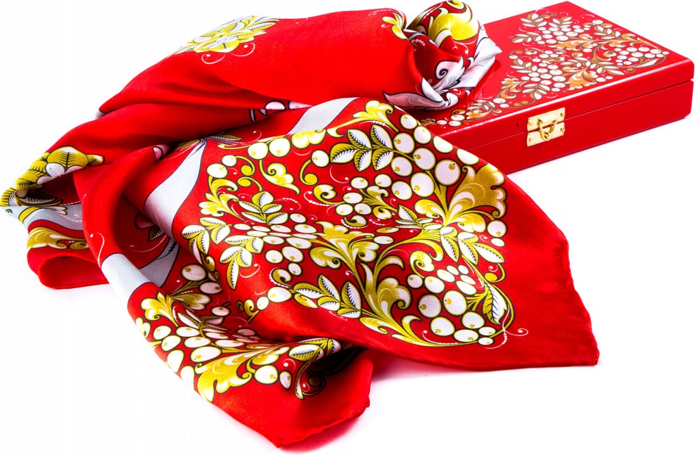 10660474 Хохломская Роспись Набор подарочный "Дед Мороз" (Высшая категория)130*240*25. Платок 89*89 Шелк 