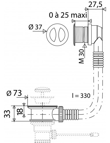 598500 001 00  Перелив для умывальника, крышка Д. 30 мм, зажим от 0 до 25 мм, белый хром Valentin Хром  - Вид №3