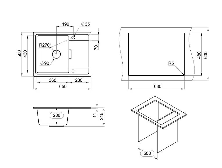 6503, ТУРМАЛИН, кухонная мойка, кварц GRANULA 6503-ST158 - Вид №3