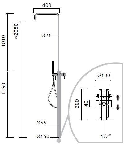 MINA Напольная душевая стойка из нержавеющей стали с ручным душем Stiriana 60802500t - Вид №1