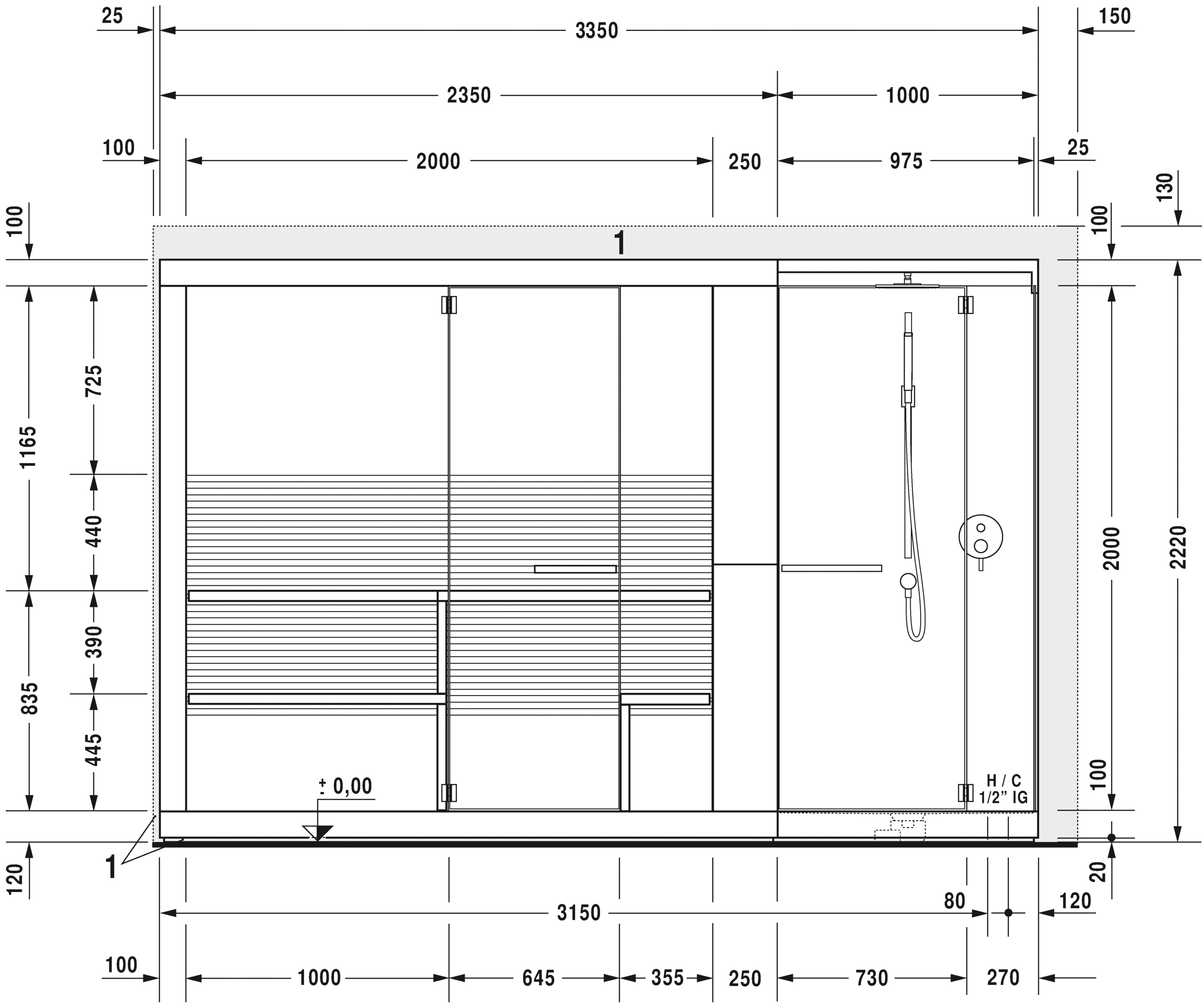 750713002011001 Сауна Inipi Ama, пристенный и угловой вариант Inipi #7507 3350 x 1170 x 2220 мм
Исполнение: американский орех (нат.шпон) Белый глянцевый декор Duravit  - Вид №6