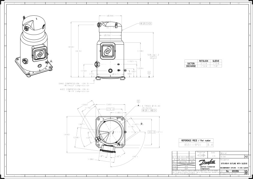Danfoss SY — Герметичные спиральные компрессоры, R22, R134a, R407C SY240A4PBM Компрессор спиральный SY240A4PBM  - Вид №7