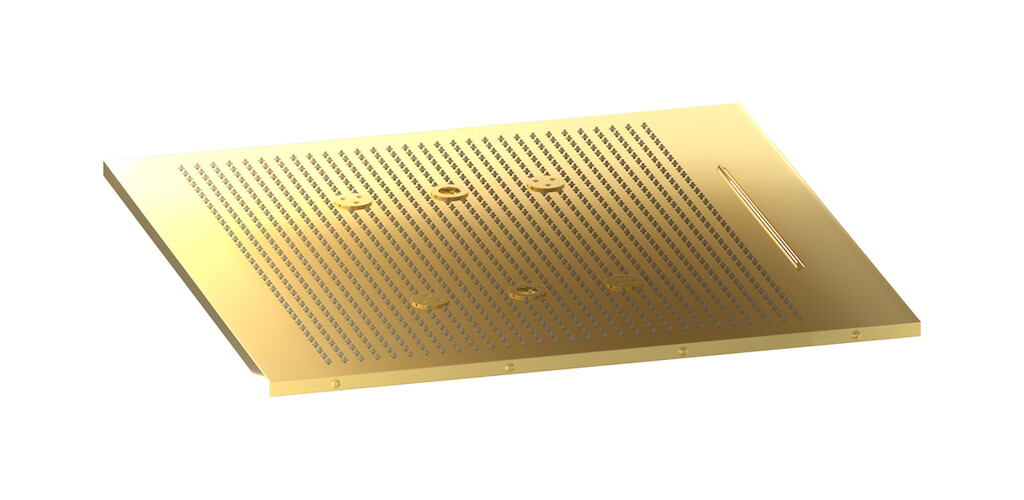 Полувстроенный верхний душ с режимами - дождь, водопад, распыление и хромотерапия WE ARE IB av630oo Gold Aqua