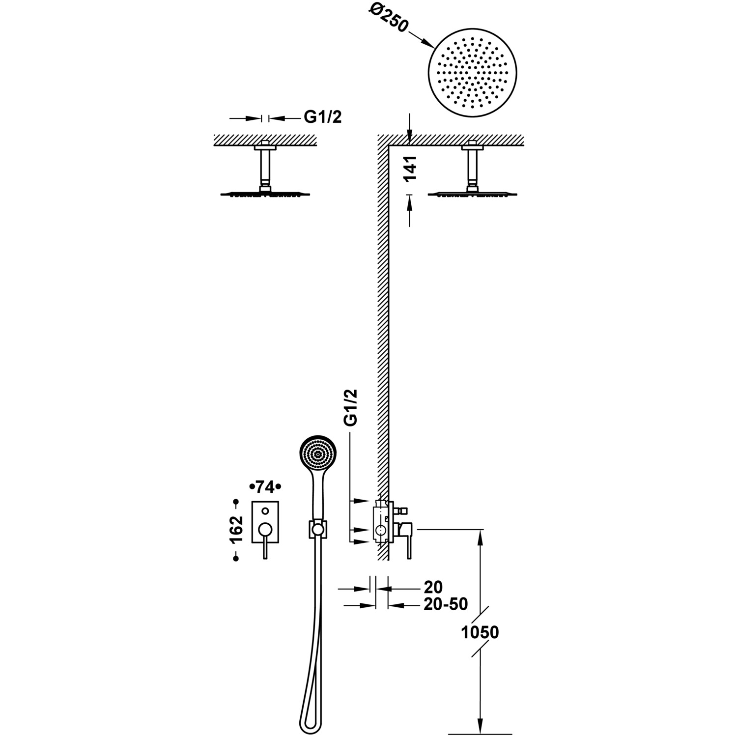 МАКСИМАЛЬНЫЙ комплект 2-ходового скрытого смесителя для душа с одной ручкой-06218081 TRES  - Вид №1
