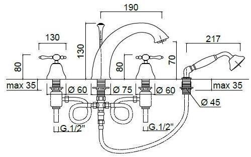 Rubinetteria Giulini Смеситель на край ванны на 4 отверстия с ручным душем Praga - praga crystal F7565 - Вид №1