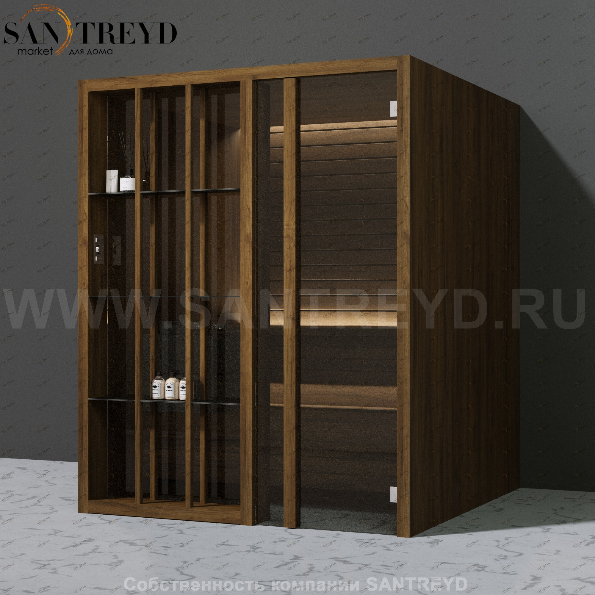 Effegibi YOKU.S60 SA.70100013 Сауна с правой дверью. Мощность: 6 кВт макс. Размеры: длина 174 см, ширина 170 см. Отделка: чёрный орех SA70100013