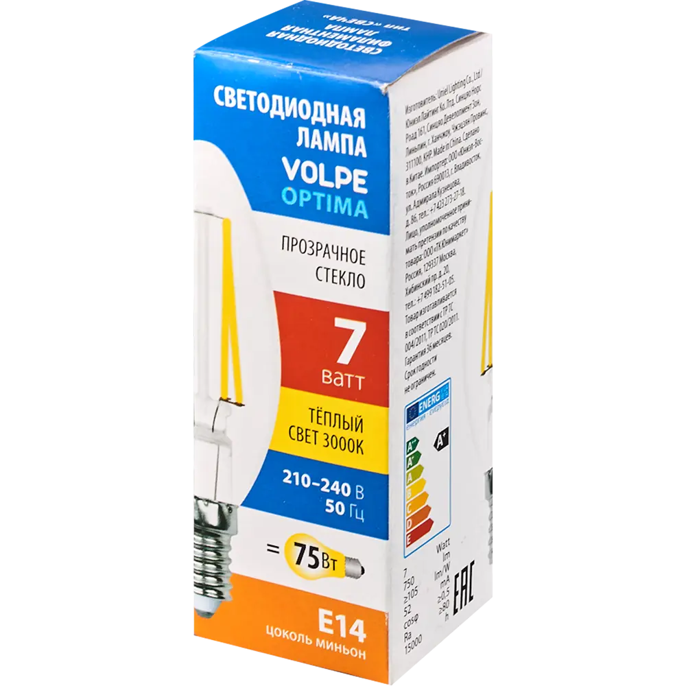 Лампа светодиодная Volpe LEDF E14 220-240 В 7 Вт свеча прозрачная 750 лм теплый белый свет 89819549 STLM-2062983  - Вид №4