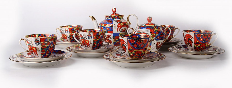 10599697 Императорский фарфоровый завод Сервиз чайный ИФЗ "Народные узоры" на 6 персон 20 предметов, ф.Весенняя" Твёрдый фарфор 