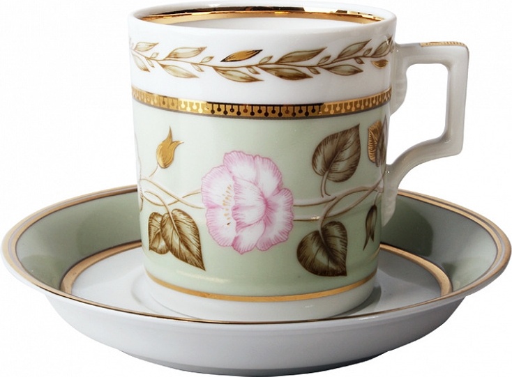 10545672 Императорский фарфоровый завод Чашка чайная с блюдцем ИФЗ "Нефритовый фон" 250мл, ф.Гербовая Фарфор твердый 