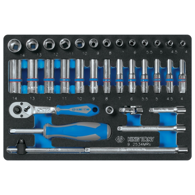 KING TONY Набор торцевых головок с принадлежностями 1/4, ложемент, 34 предмета Верстакофф 9-2534MRV