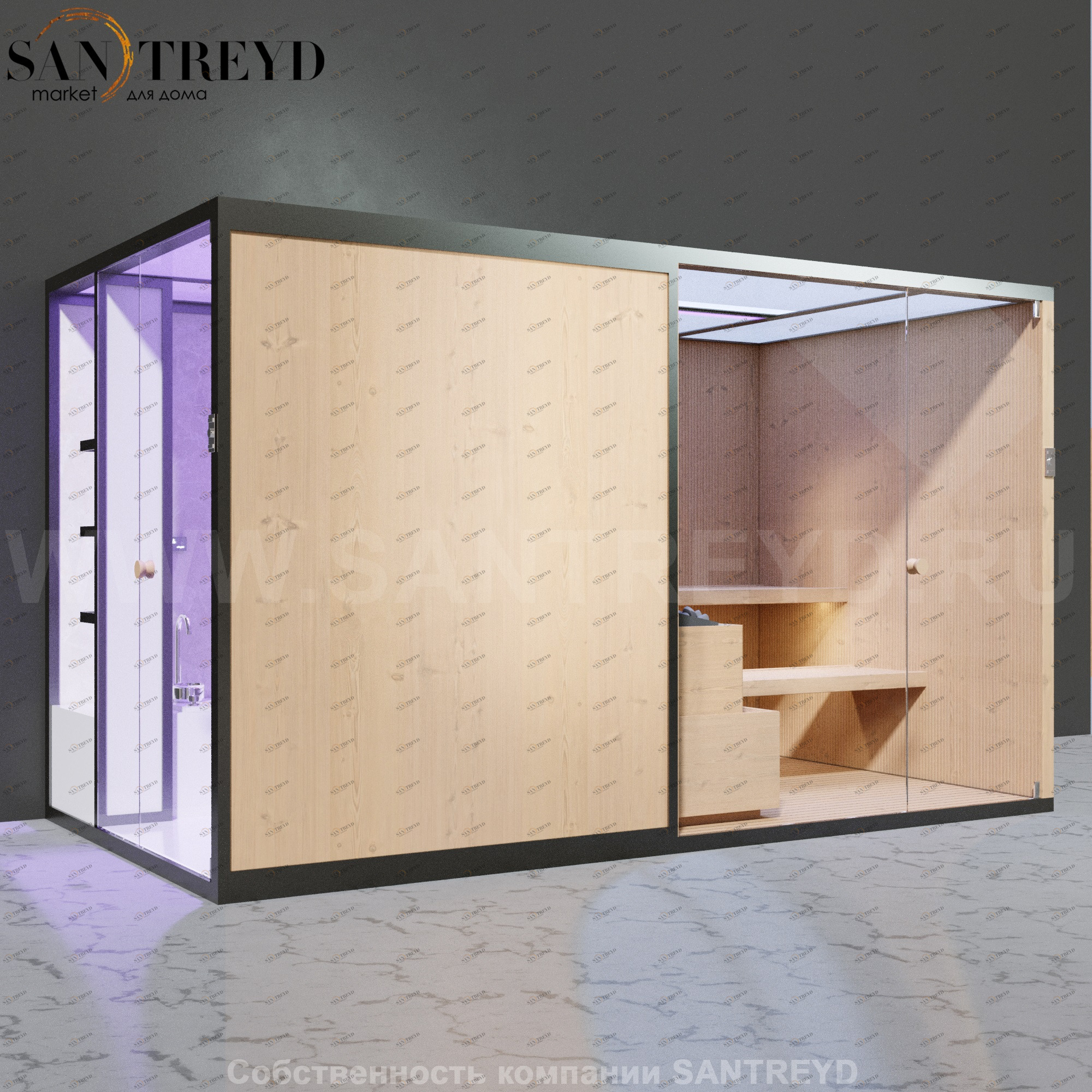 Effegibi BODYLOVE SH BL45110007 Боковая комбинированная баня: хаммам и сауна. Установка: к стене. Мощность: 15 кВт макс. Размеры: длина 393 см, ширина 176 см. Отделка: канадский хемлок, светлый керамогранит и гладкий хемлок.