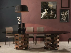 Tonin Casa Стол из мрамора black marquina с основанием из массива ореха  T8077