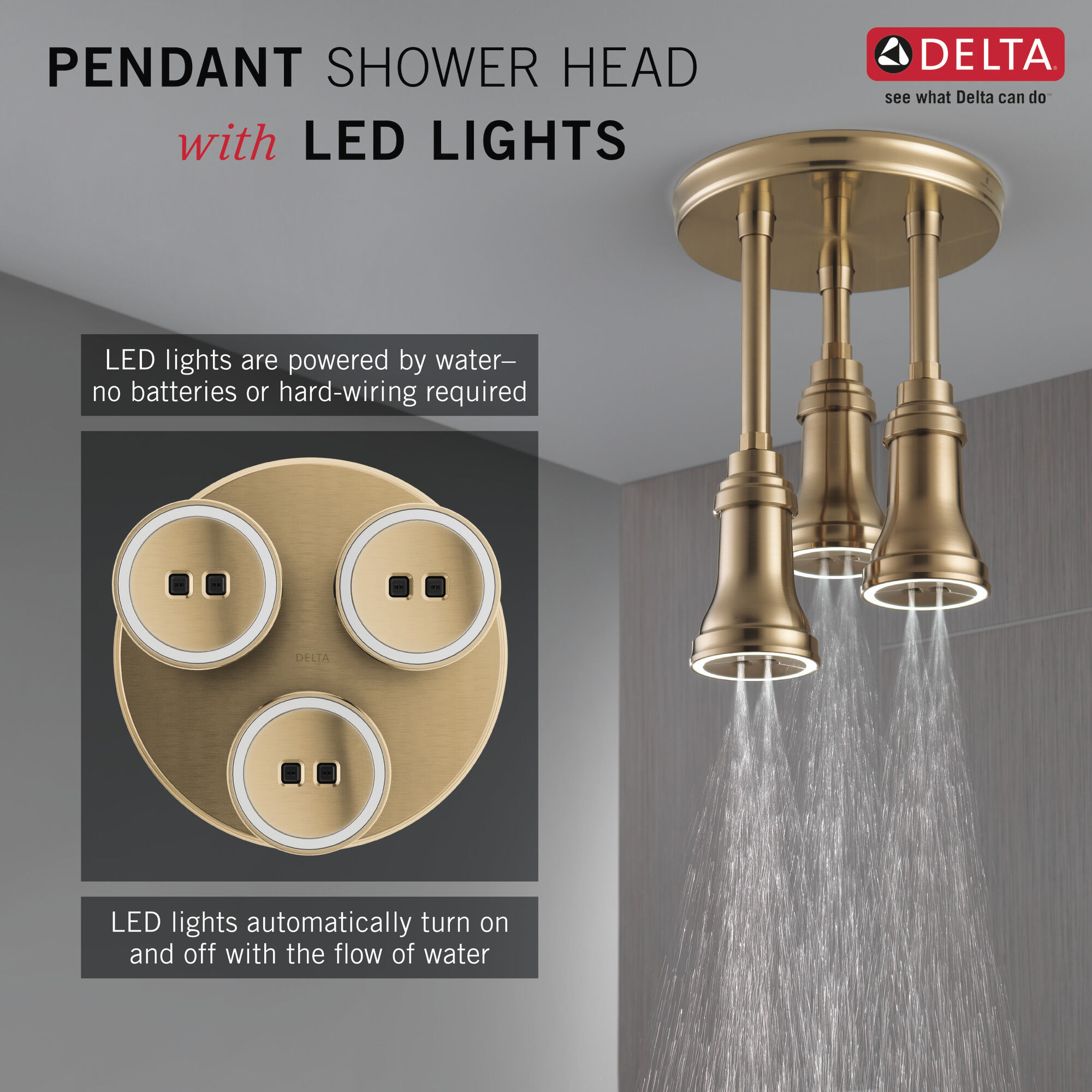 57190-CZ25-L Подвесная душевая лейка Raincan со светодиодной подсветкой H2Okinetic® Delta Faucet Universal Showering Шампанское бронза  - Вид №2