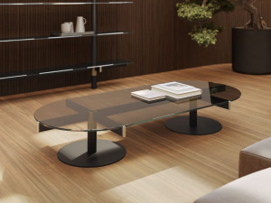 Стеклянный и металлический овальный журнальный столик