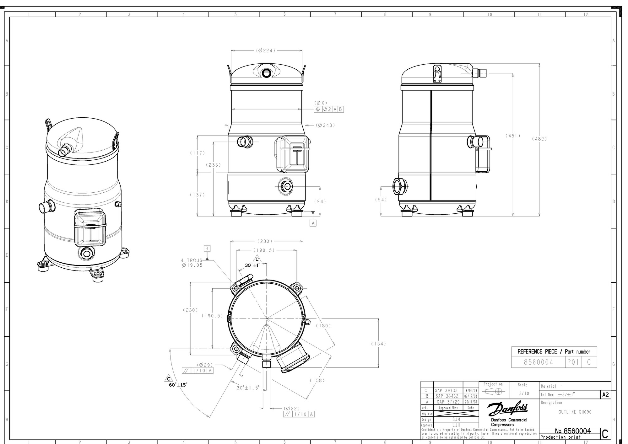 Danfoss SH — Герметичные спиральные компрессоры, R410A SH240A4ABE Компрессор спиральный 120H0299  - Вид №5