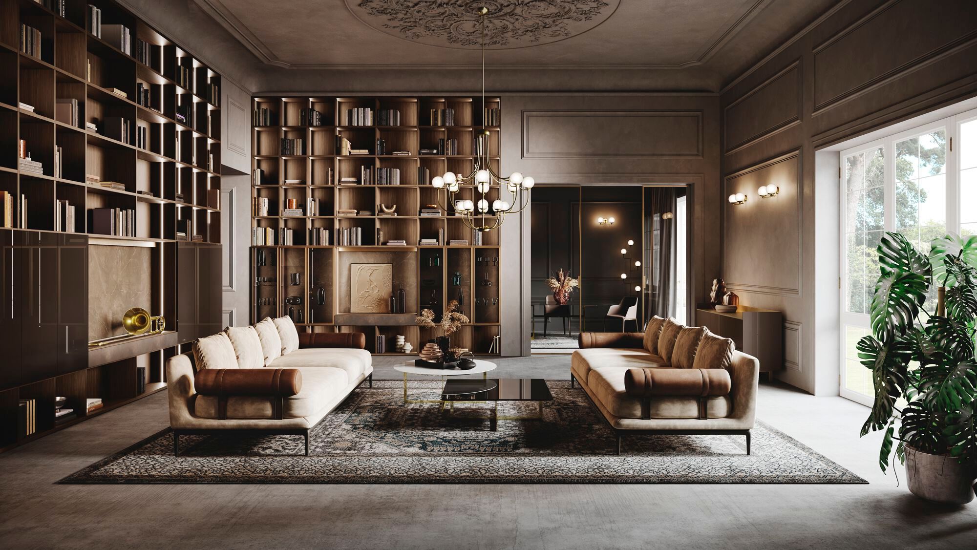 Книжный шкаф из дерева и стекла с освещением Guzzini & Fontana House of Trombones ARCH-00090208 - Вид №1