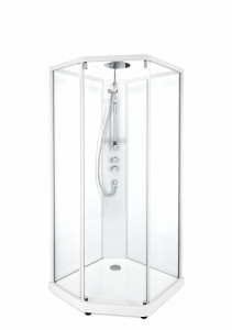 558.905.00.1 IDO Showerama 10-5 900x900 Pentagon Comfort, душевая кабина IDO Showerama в сборе Comfort пятиугольная, белые профили / прозрачное стекло / матовое стекло сзади, 900X900 мм
