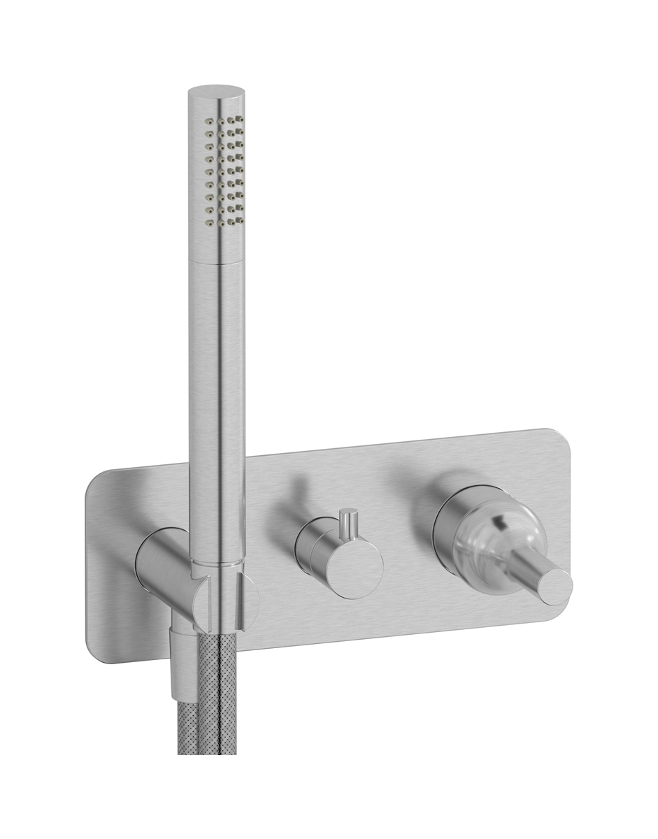 Внешние части встроенного в стену смесителя на 3 потребителя в комплекте с душевым гарнитуром. WE ARE IB bi314ss Brushed Nickel Batlo