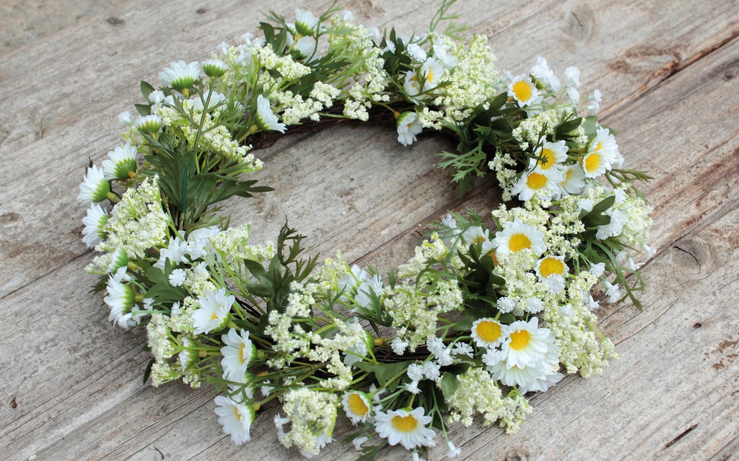 3168 778 a3 Искусственный венок 'ромашка / гипсофила' на ротанге, Ø 32 см, бежево-белый H-andreas  - Вид №1