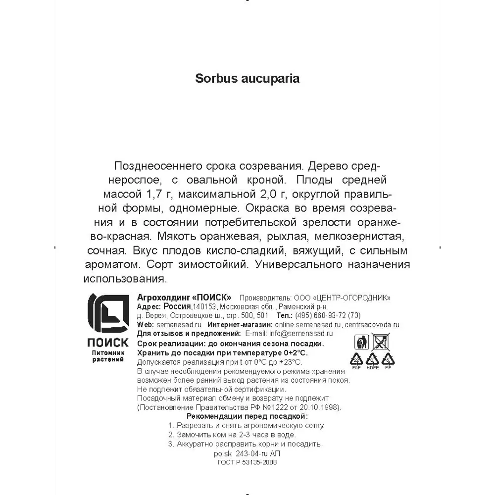 Рябина обыкновенная Сказочная h200 см в сетке Поиск Инвест 84399303 STLM-2185116 Santreyd  - Вид №2