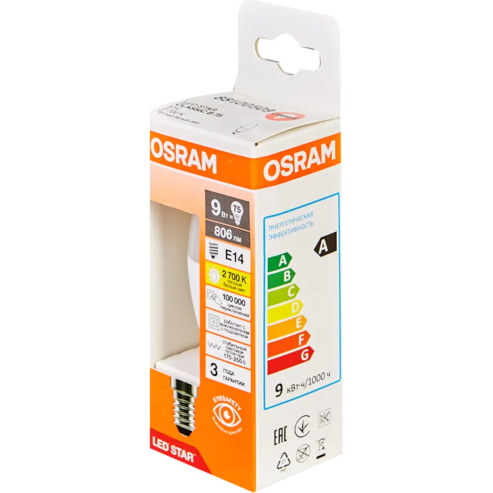 Лампа светодиодная Osram свеча 9Вт 806Лм E14 теплый белый свет STLM-2109956 - Вид №3