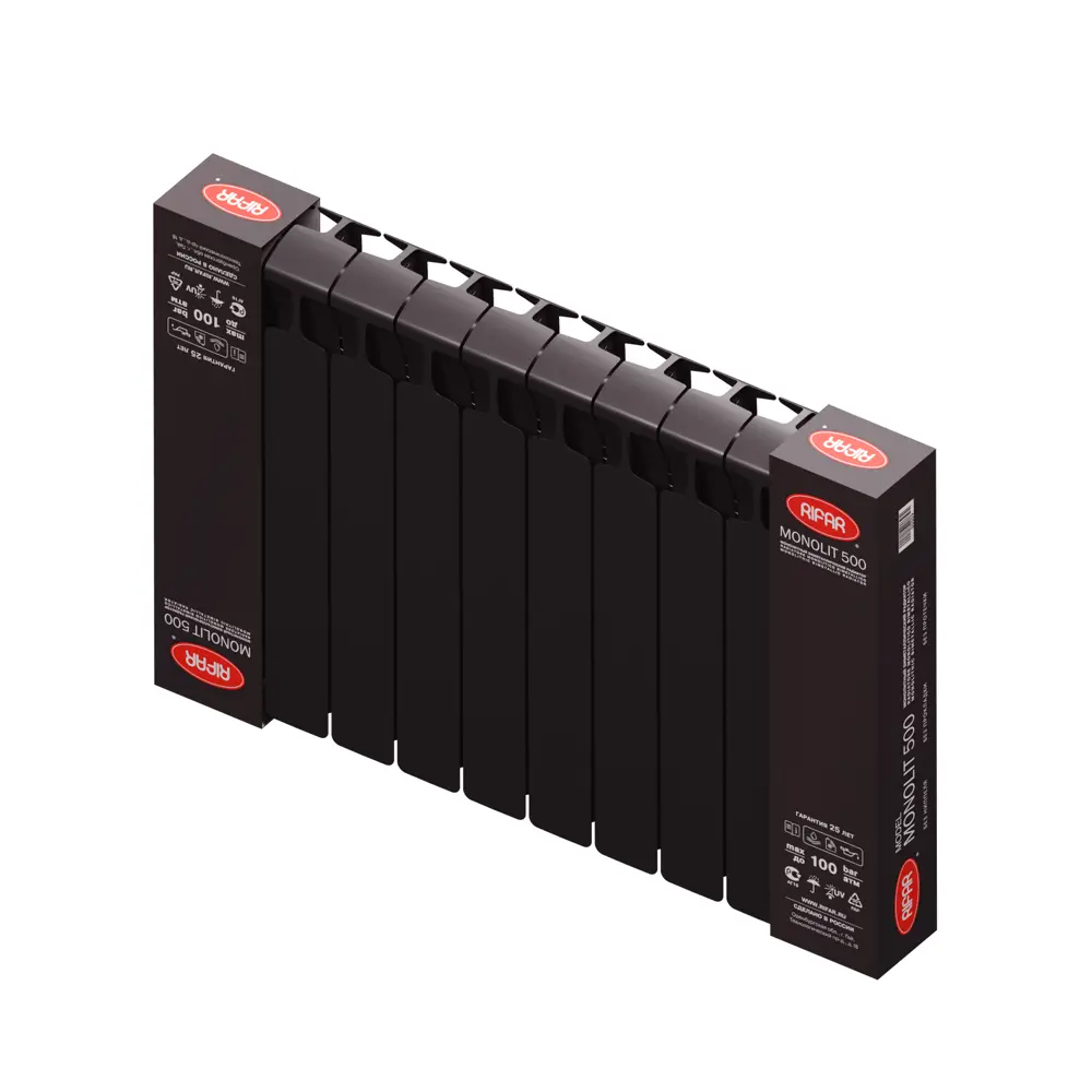 Радиатор секционный Rifar Monolit M50010RAL9005 500/100 10 секций боковое подключение биметалл черный STLM-2185936 - Вид №5