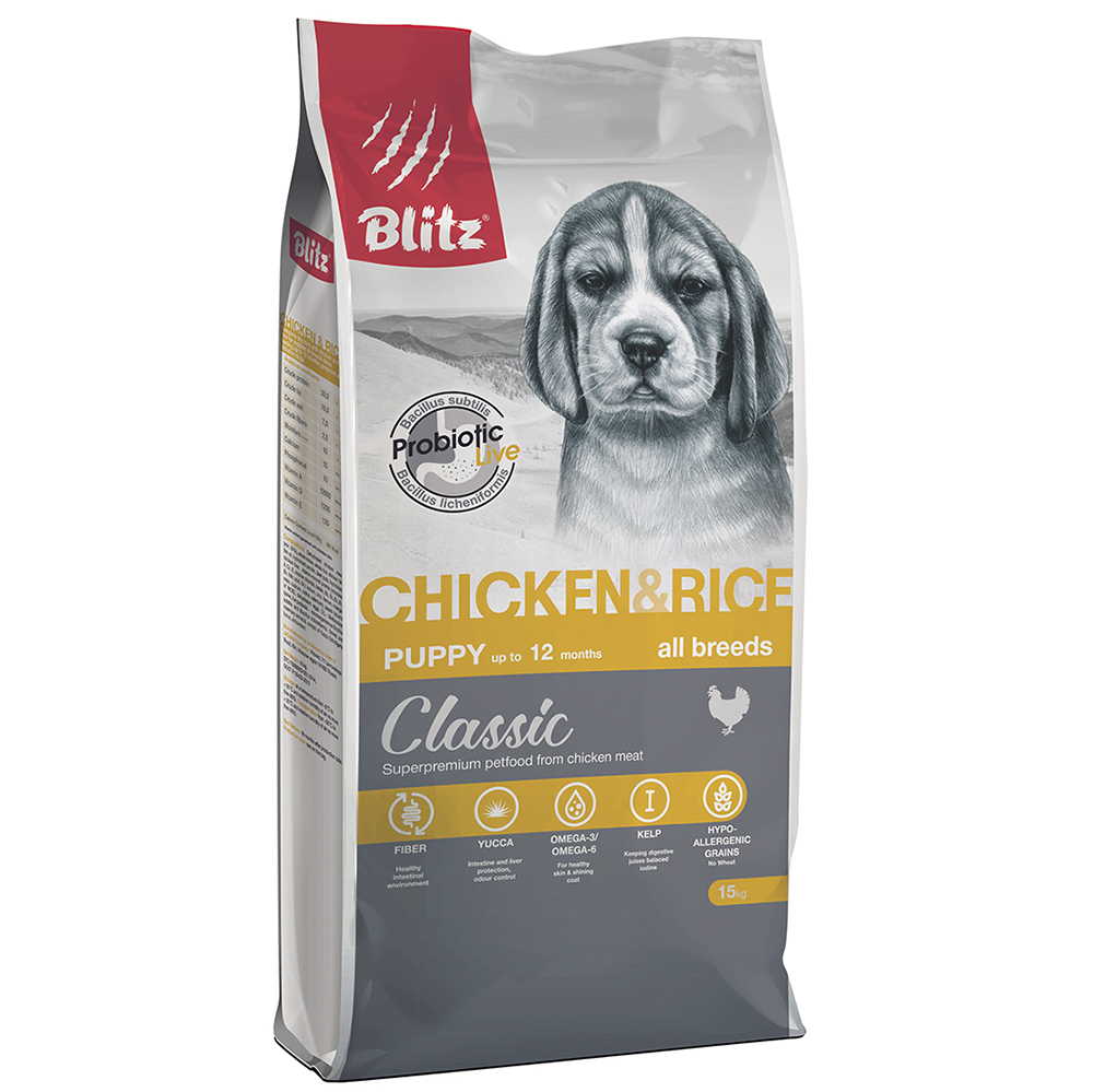 ПР0055589 Корм для щенков Classic курица, рис сух. 15кг Blitz 
