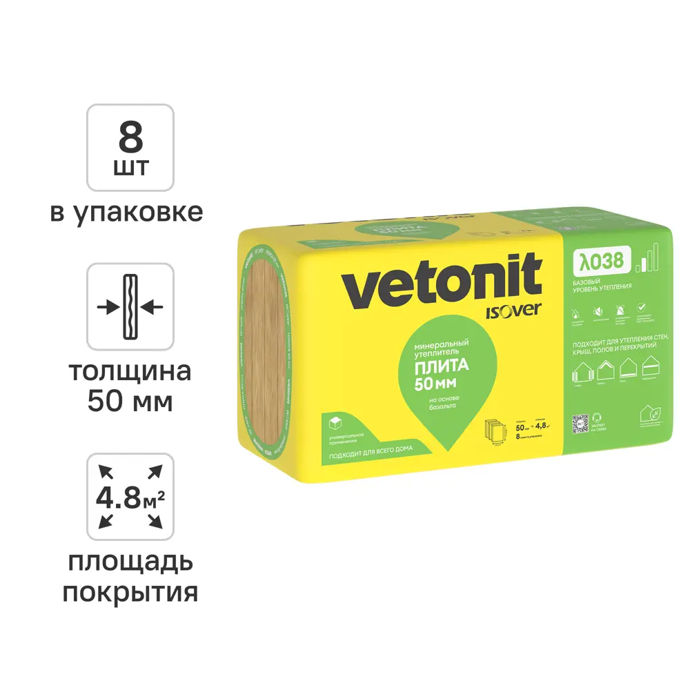 Минеральная вата Vetonit Тепло и Тихо 50 мм 8 плит 600x1000 мм 4.8 м² STLM-2066495