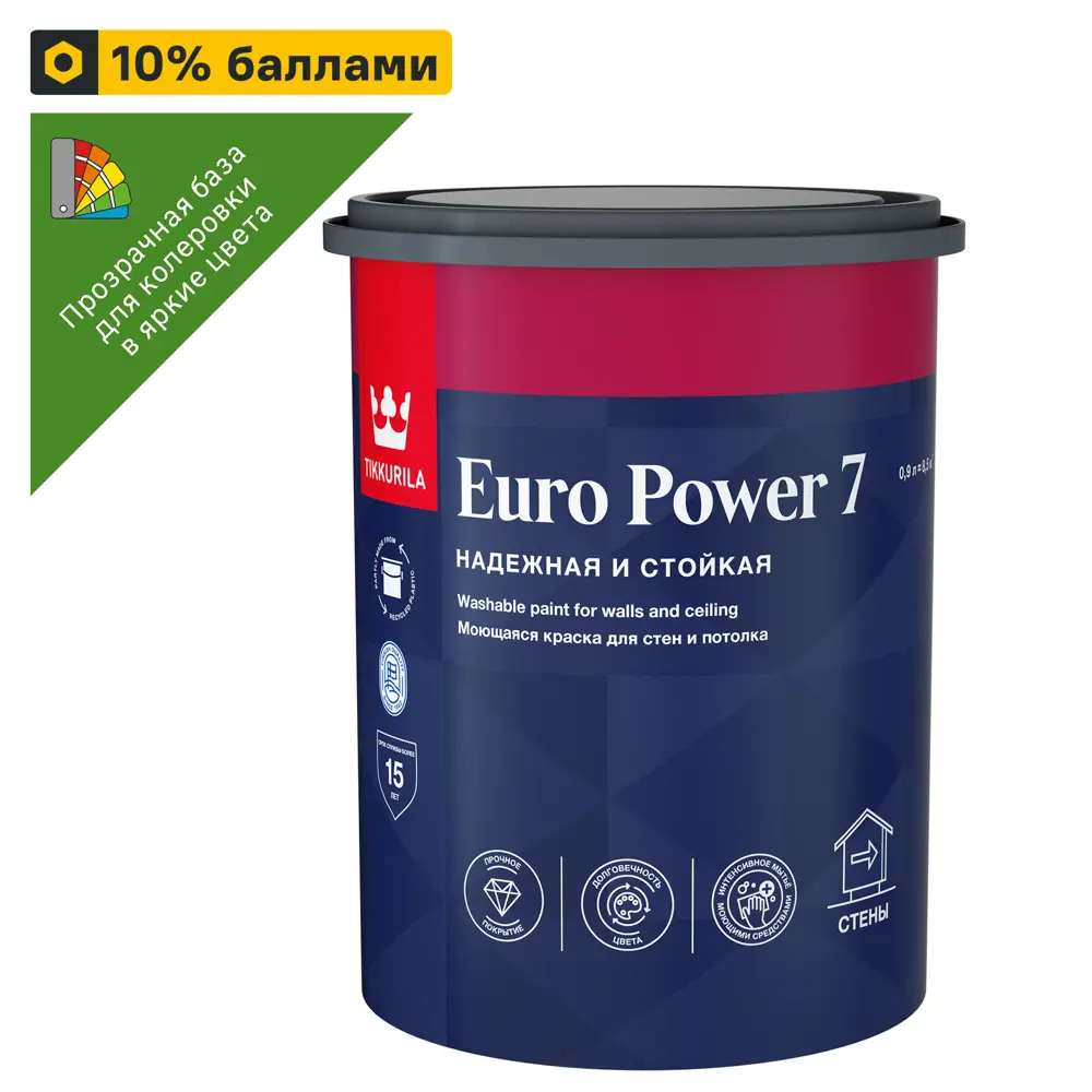 Краска Tikkurila Euro Power-7 база С для колеровки 0,9 л 11601223 STLM-0001313