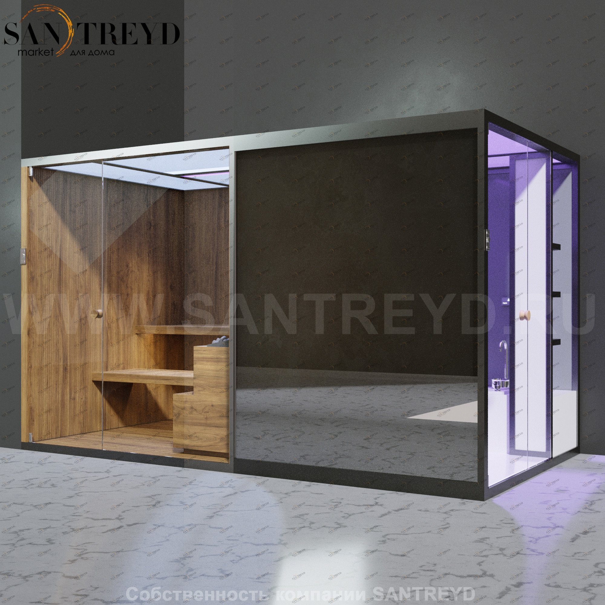 Effegibi BODYLOVE SH BL45230006 Боковая комбинированная баня: хаммам и сауна. Установка: в левый угол. Мощность: 15 кВт макс. Размеры: длина 393 см, ширина 176 см. Отделка: термообработанная древесина, гладкое стекло и зеркало.