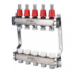 VTc.584.EMNX.0605 Блок коллекторный из нержавеющей стали с регулирующими клапанами и расходомерами Valtec 1", 5 x 3/4", "евроконус"