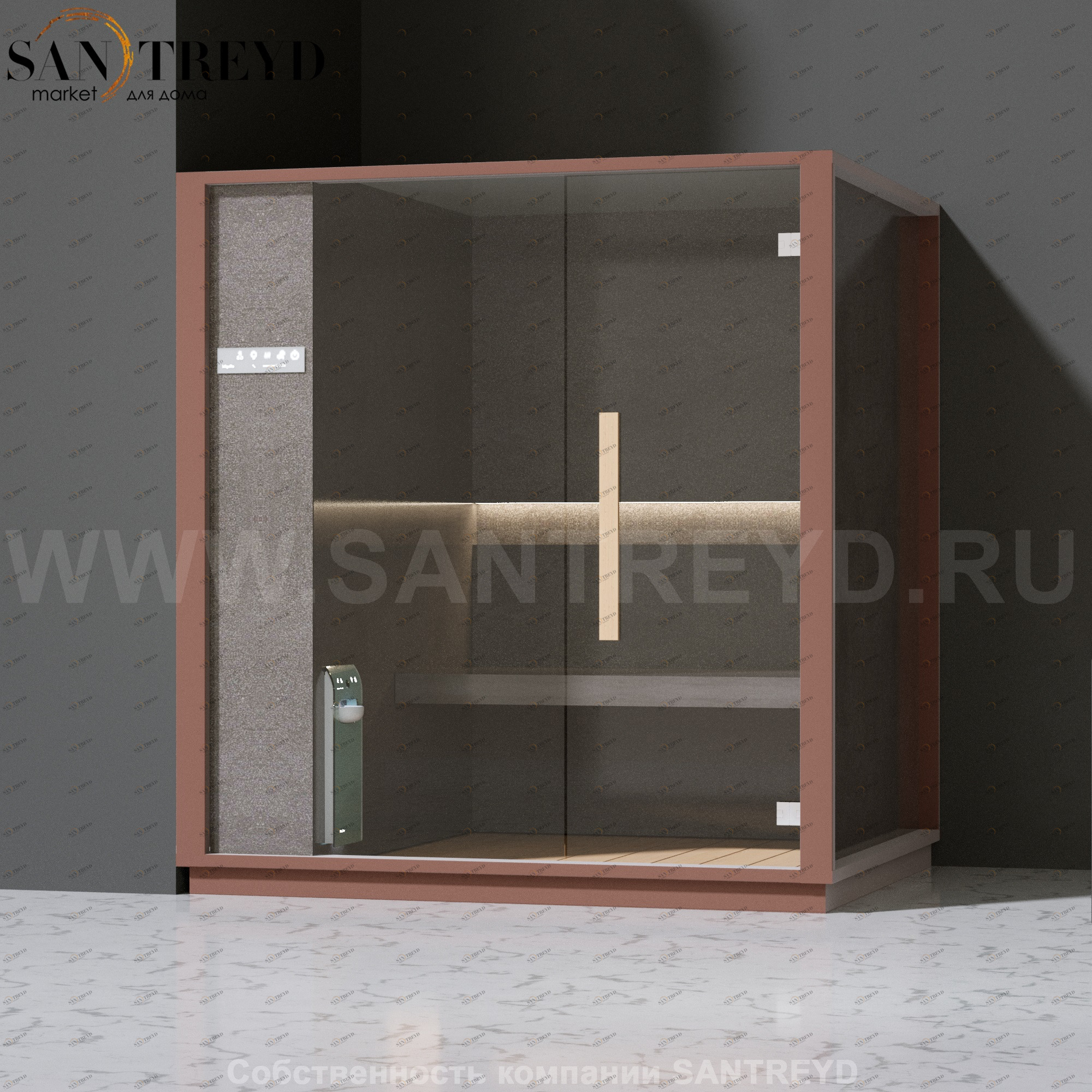 Effegibi ONE H LO60030006 Хаммам. Установка: в левый угол. Левая дверь. Мощность: 4,5 кВт макс. Размеры: длина 214 см, ширина 171 см. Отделка: матовый лакированный коричневый аллюминий и темный ламинат из керамогранита.