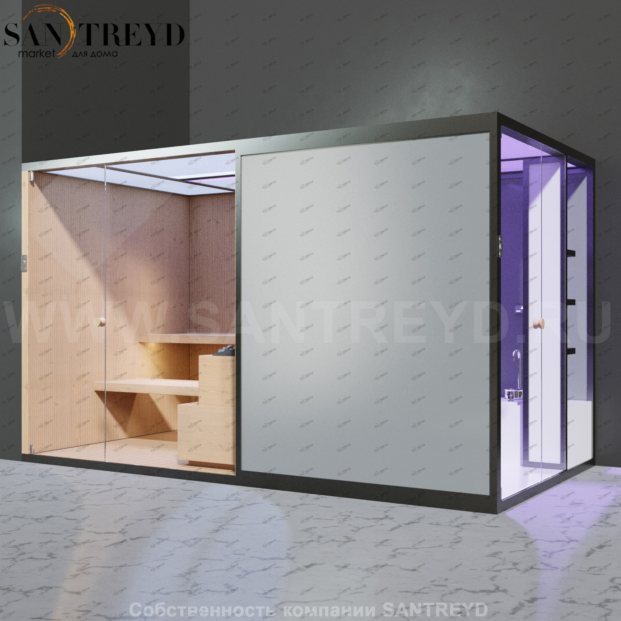 Effegibi BODYLOVE SH BL45130005 Боковая комбинированная баня: хаммам и сауна. Установка: в левый угол. Мощность: 15 кВт макс. Размеры: длина 393 см, ширина 176 см. Отделка: канадский хемлок, гладкое стекло.