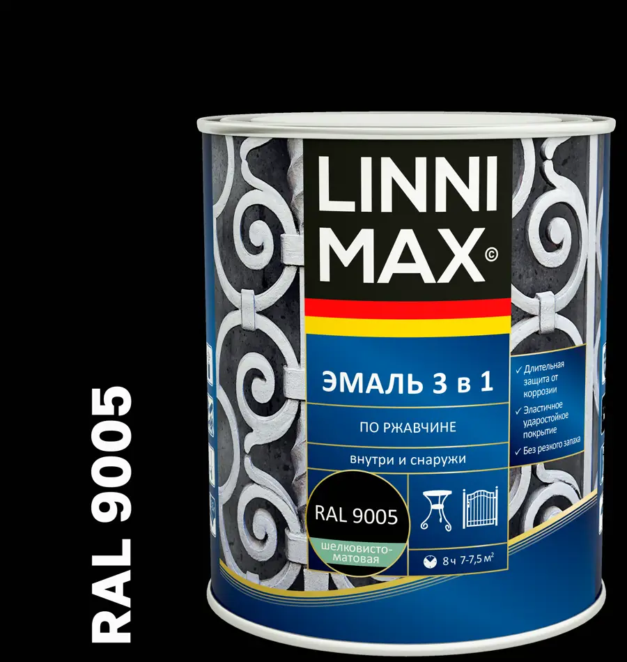 LINNIMAX Грунт-эмаль 3 в 1 по ржавчине - антикоррозийная защита черный 0.75 л 89349597