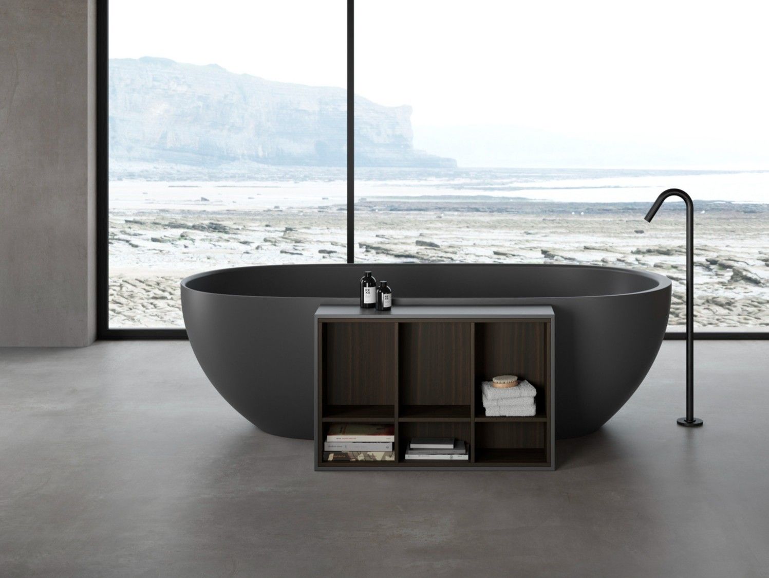 Овальная ванна в центре комнаты в акуле с книжным шкафом Rexa HOLE ARCH-00000892