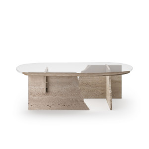 Овальный журнальный столик из травертина и стекла