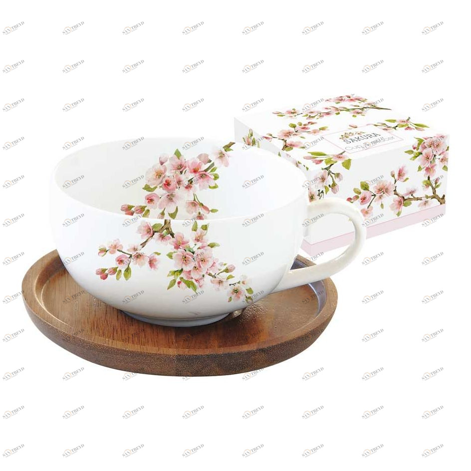 Чашка фарфоровая белая с крышкой и подставкой из дерева в подарочной упаковке "Японская сакура" EASY LIFE ЯПОНСКАЯ САКУРА 00-3946874 Белый 
