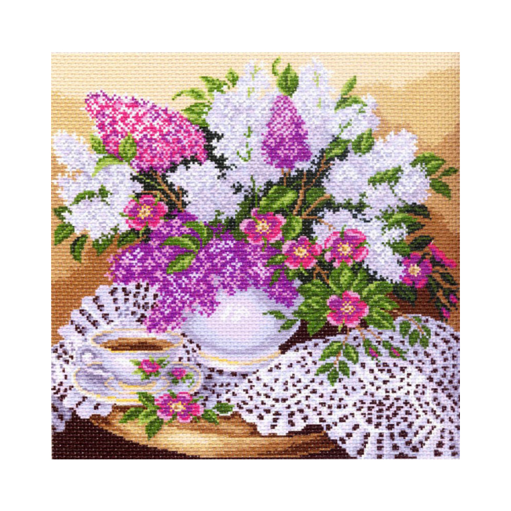 1276 Канва/ткань с рисунком Рисунок на канве 41 см х 41 см "Сирень в вазе" Матренин посад 