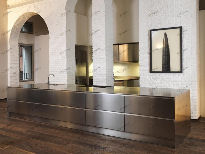 ABIMIS Кухня из нержавеющей стали на заказ с островом Atelier sun-id-1502875