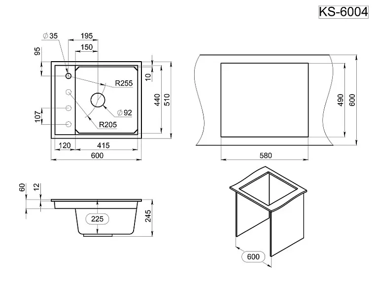 KS-6004, ЧЁРНЫЙ, кухонная мойка, кварц GRANULA 6004-ST302 - Вид №3