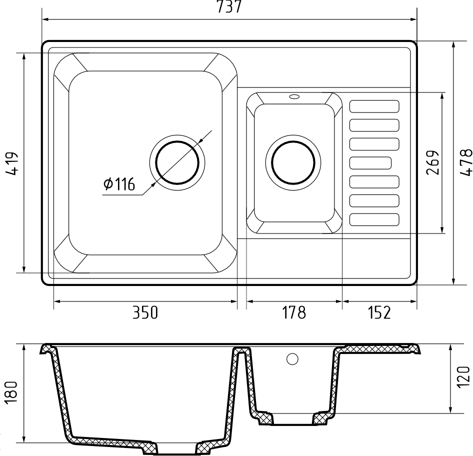 Кухонная мойка Кварц QUARZ S422 GranFest 21К-S422 - Вид №2