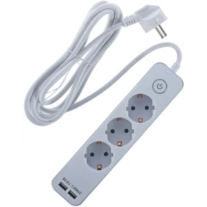 Удлинитель с заземлением Duwi 3 розетки со шторками, 3x1.5мм2, 3 м, выключатель, 2 USB, цвет белый/серебристый