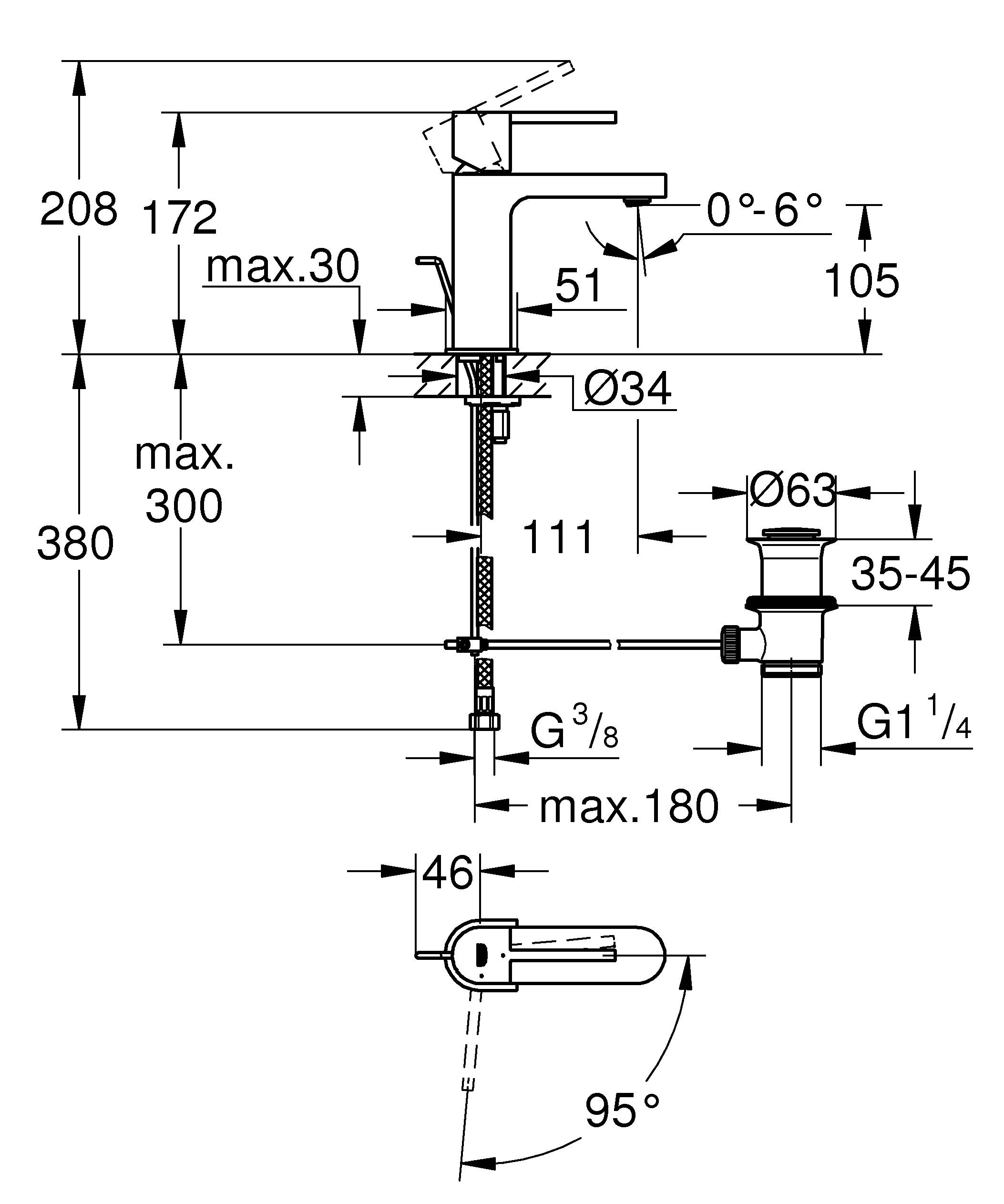 Смеситель однорычажный для раковины GROHE Plus, со сливным гарнитуром, с энергосберегающей функцией, S-Size (23870003) - Вид №1
