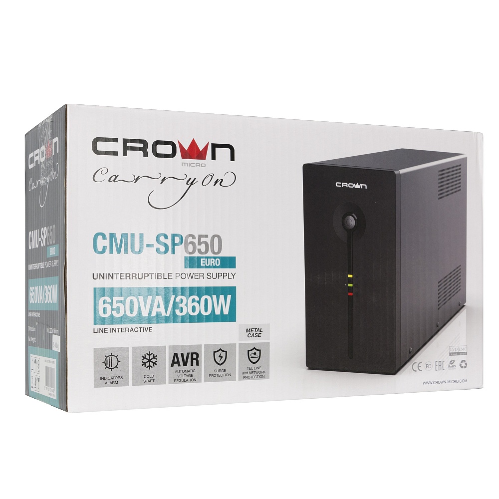 CMU-SP650 EURO Ups 650va/360w, металл, 1x12v/7ah, розетки 3*euro, трансформатор avr 140-290v, съёмный кабель 1.5 м, фильтр телефонной и ethernet линии rj-11 и rj-45, защита батареи, от перегрузки, от кз Crown Santreyd  - Вид №3
